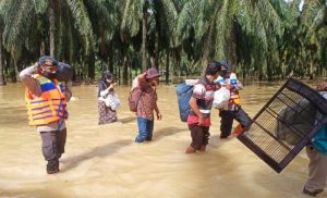 Brimob Bantu Evakuasi Warga Korban Banjir Rimba Sawang