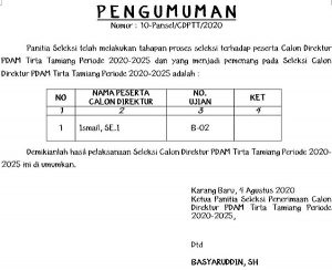 Ismail Terpilih Jadi  Direktur PDAM Tirta Tamiang 2020-2025