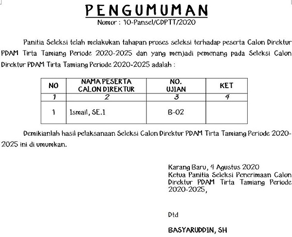 Ismail Terpilih Jadi  Direktur PDAM Tirta Tamiang 2020-2025