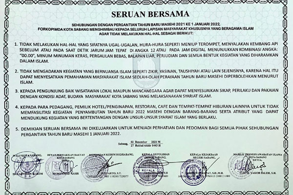Forkopimda Sabang Larangan Perayaan Tahun Baru
